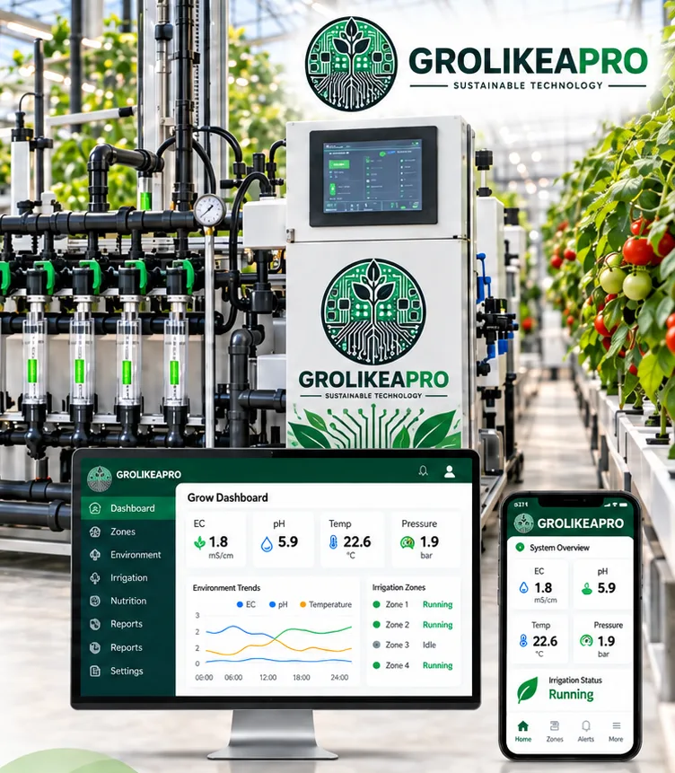 GroLikeAPro dosing unit, control panel and phone app in a commercial greenhouse